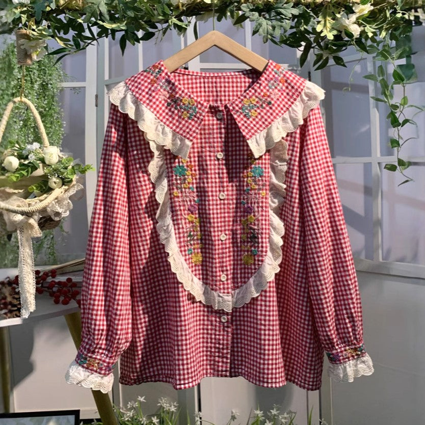 yori フリルスリーブ　ブラウス ピンク　ギンガム　チェック tops | yori