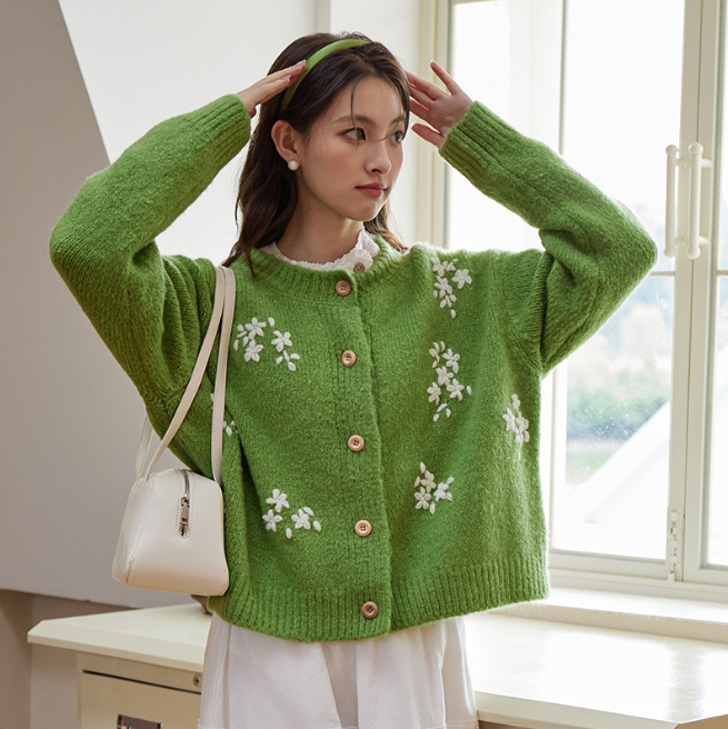 nanette lepore ウール混フラワーニットカーディガン S*ZC599 お花の香りがする女の子のフラワー刺繡カラーニットカーディガン