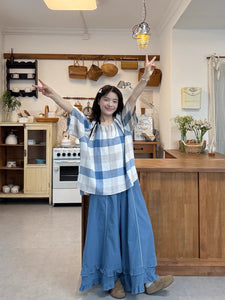 青いチェックと刺繍パンツで迎える、ちょっと特別な土曜日のコーデセット_K0023