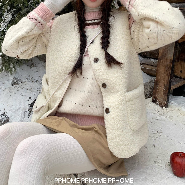 雪の降るロッジでココアを飲む日のラムファーベストとショルダーバッグセット_K0203