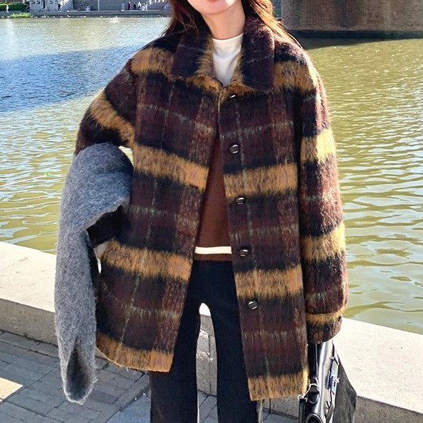 旅行でニューヨークの行くあの子のシャギーチェックミドルコート_N3112  