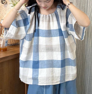 青いチェックと刺繍パンツで迎える、ちょっと特別な土曜日のコーデセット_K0023