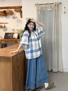 青いチェックと刺繍パンツで迎える、ちょっと特別な土曜日のコーデセット_K0023