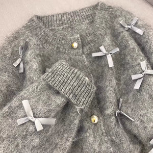 【新品 タグ付】AVOCA スパンコール リボン ニット カーディガン グレー AZUL BY MOUSSY | スパンコールニットカーディガン (カーディガン