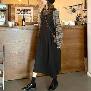 【2点セット】カフェで休日を過ごすチェックシャツセットジャンパースカート_N1805