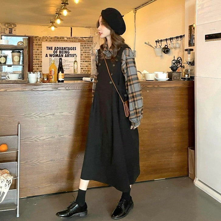 【2点セット】カフェで休日を過ごすチェックシャツセットジャンパースカート_N1805