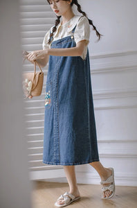 パンジーを育てる女の子のフラワー刺繍デニムジャンパースカート_N2059