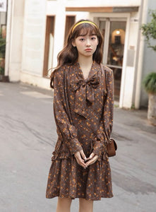 固めのプリンが好きな女の子の小花柄リボンミニワンピース_N3518