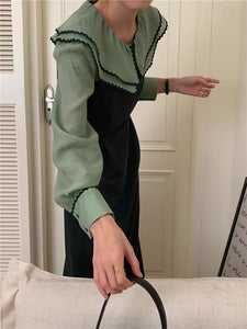 アフタヌーンティーを楽しむ女の子のツインカラーロングワンピース_N1592