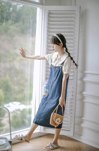 パンジーを育てる女の子のフラワー刺繍デニムジャンパースカート_N2059